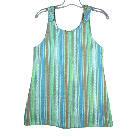 Handmade Dress Medium Green Blue Boho Hippie Striped Tunic Festival Sleeveless - Picture 1 of 8